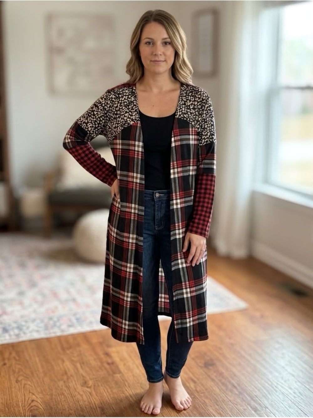 Mixed-Pattern Open-Front Cardigan - Red & Black Plaid